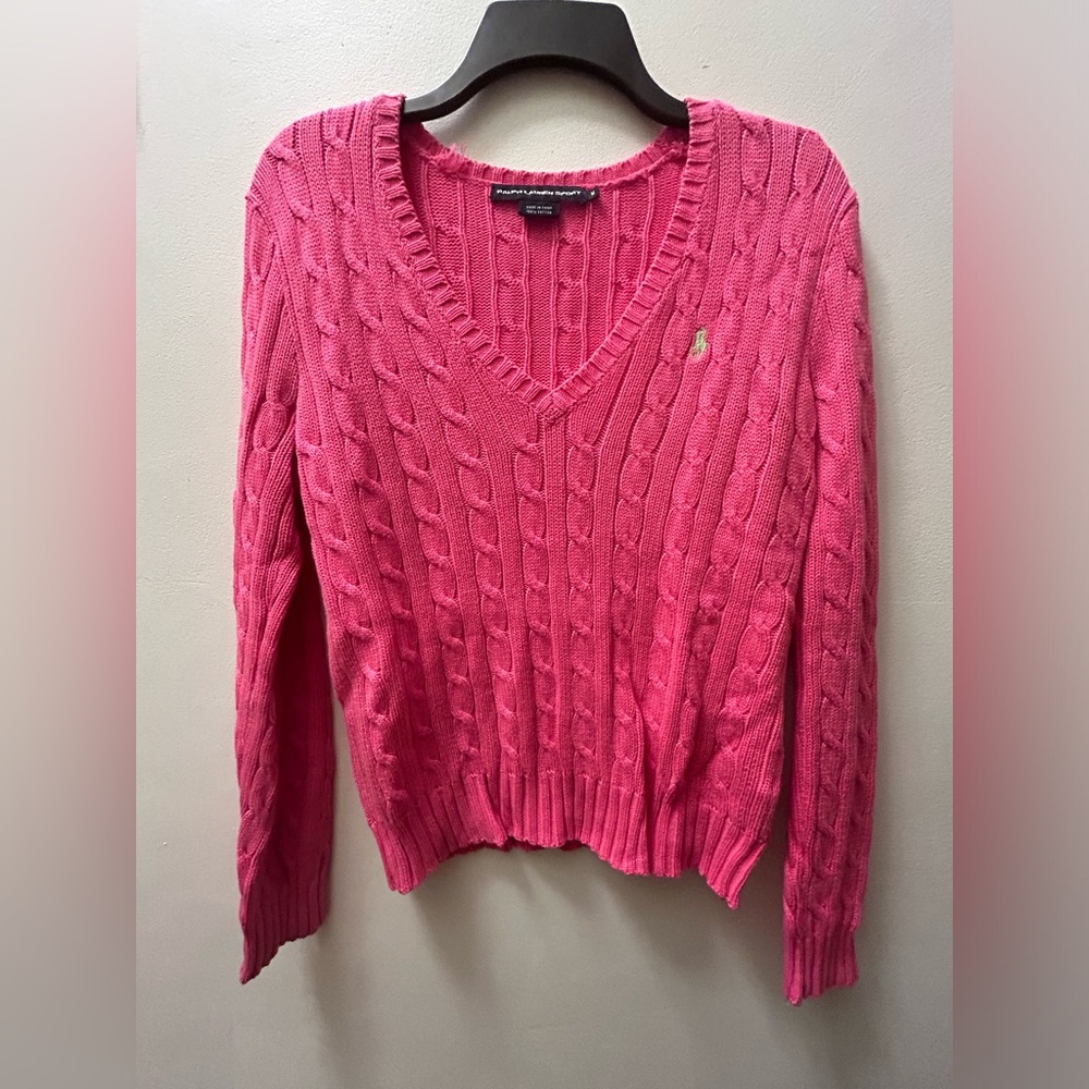 Ralph Lauren Sport cable knit cotton V neck sweater (Pink)